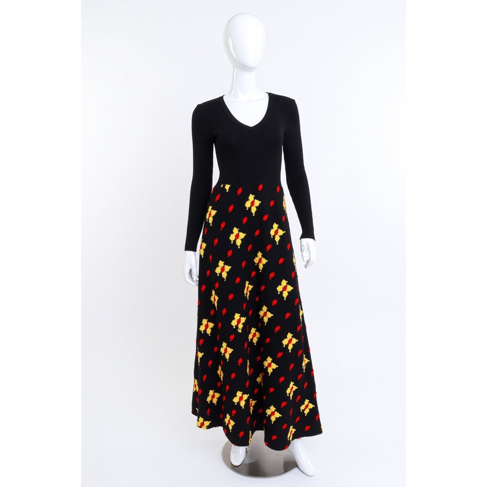 Vintage Italy 100% Wool Long Sleeve V-Neck Maxi Dress Black Red Yellow Size 10